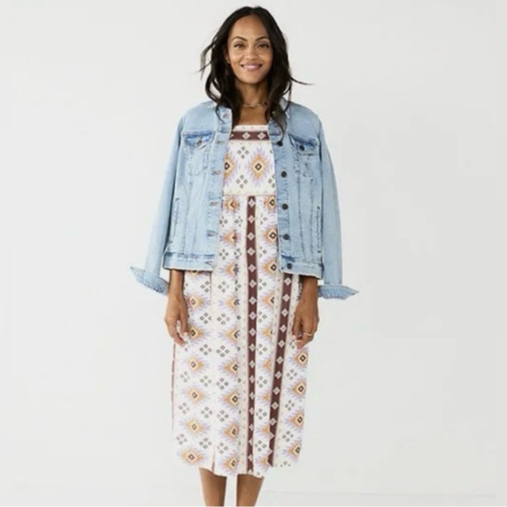 White Maxi Dress with Brown Aztec Print